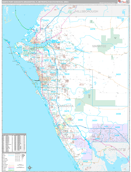 North Port-Sarasota-Bradenton, FL Metro Area Wall Map